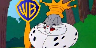 Bugs Bunny dressed as a king with the Warner Bros logo on his sceptre