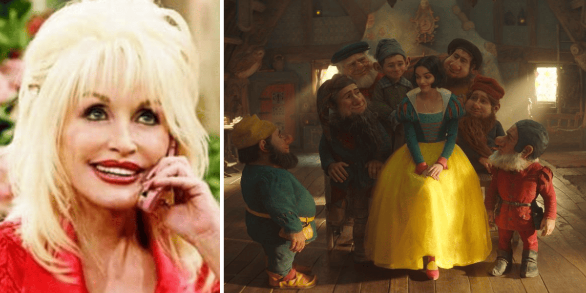 Dolly Parton (left) appearing on the Disney Channel and Rachel Zegler (right) in Disney's live-action Snow White film