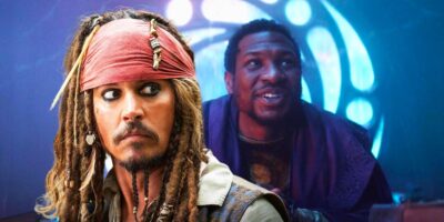 Johnny Depp (left) as Captain Jack Sparrow, and Jonathan Majors (right) as Kang the Conqueror