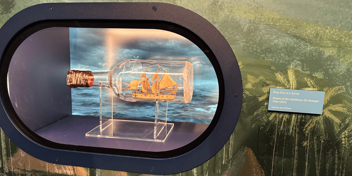 A prop ship in a bottle on display that was used by Ian McShane in 'Pirates of the Caribbean: On Stranger Tides.'