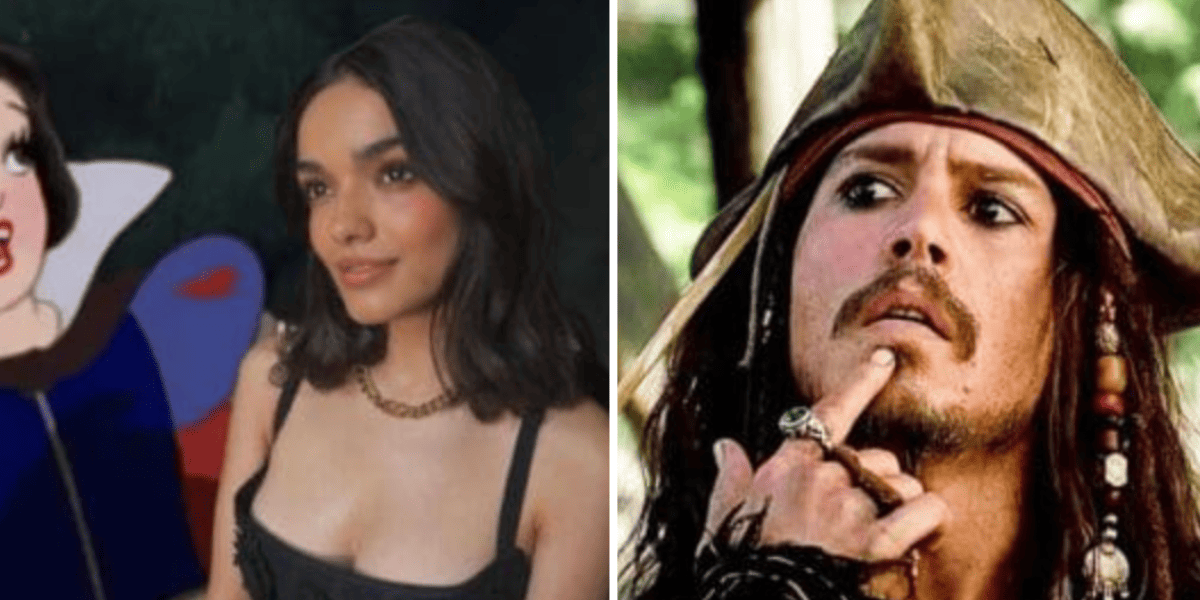 Rachel Zegler (left) with Snow White in the background and Johnny Depp (right) as Captain Jack Sparrow