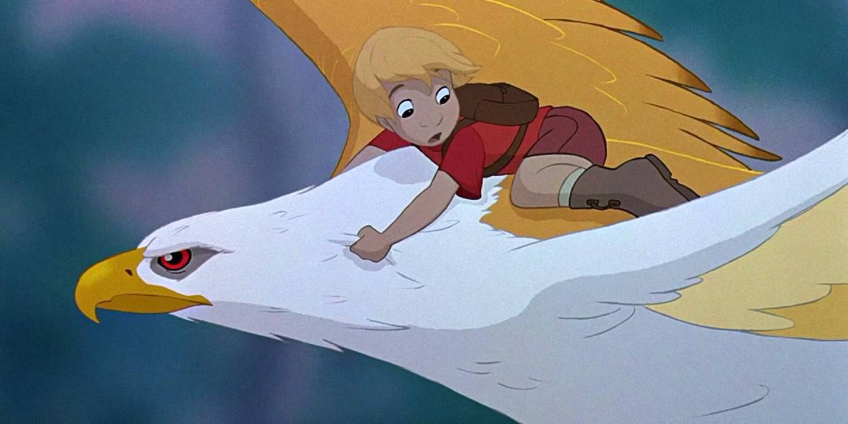 Cody flying on a giant bird in The Rescuers Down Under
