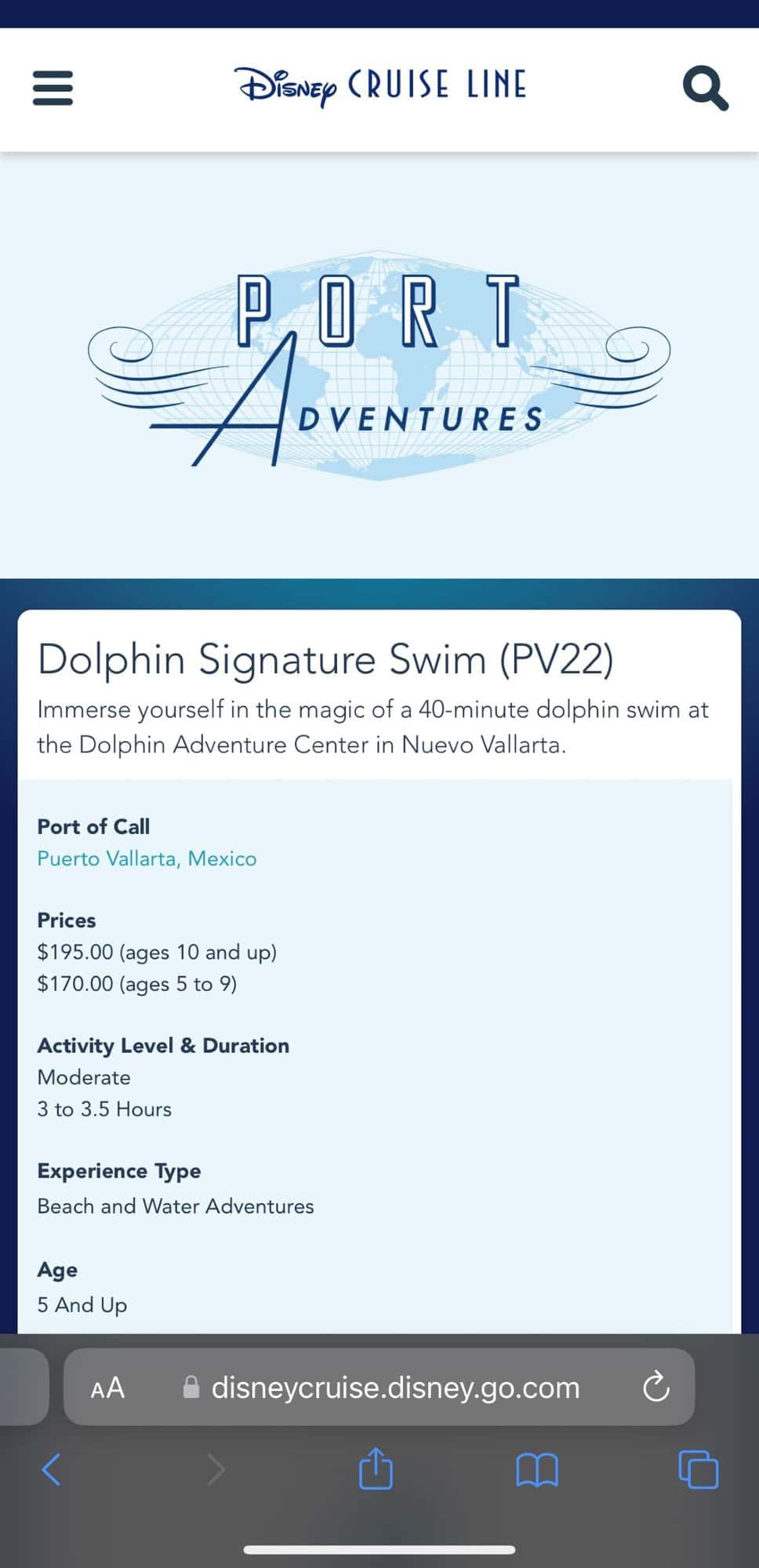 Screenshot of the Disney Cruise Line Port Adventure Dolphin Signature Swim experience after the website had been updated