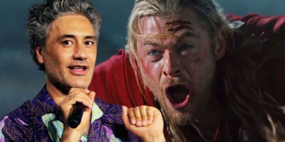 Director Taika Waititi superimposed against a screaming Thor (Chris Hemsworth)