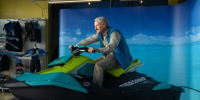 Mobius (Owen Wilson) riding a stationary jet-ski in 'Loki' 2.05