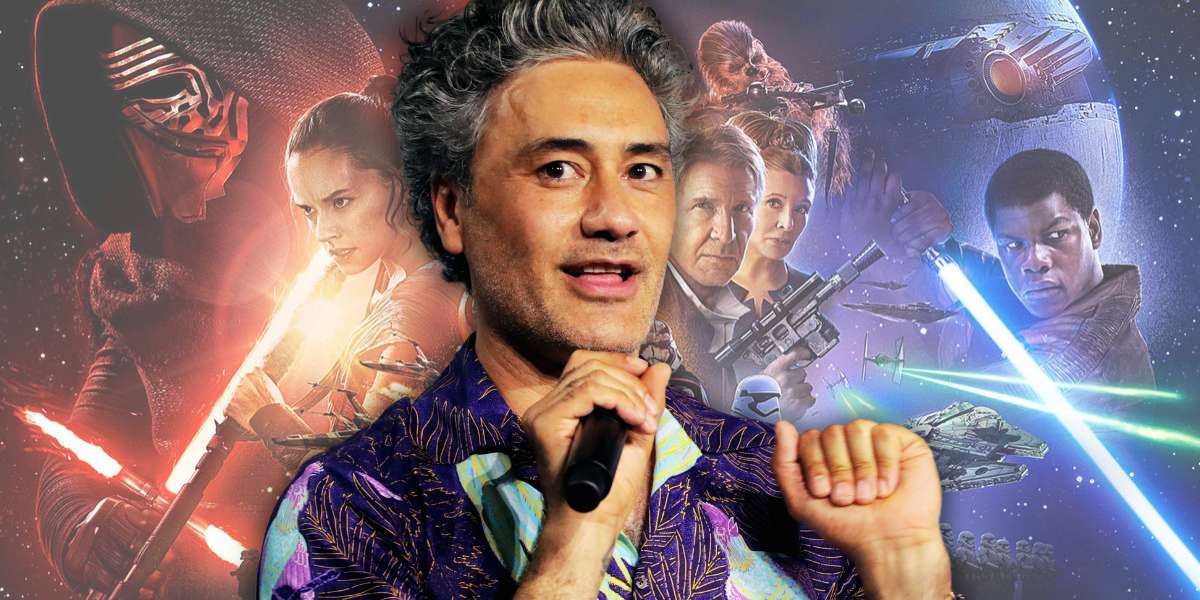 Taika Waititi in front of a collage featuring characters from the 'Star Wars' Sequel Trilogy