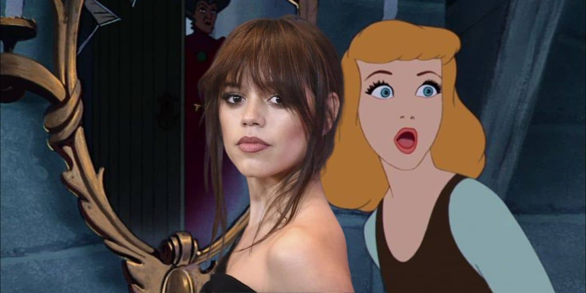 A guest with brown hair poses in front of Cinderella, who looks surprised in animated form by the enchanted mirror, capturing the whimsical spirit of Disney Princess meet-and-greets.