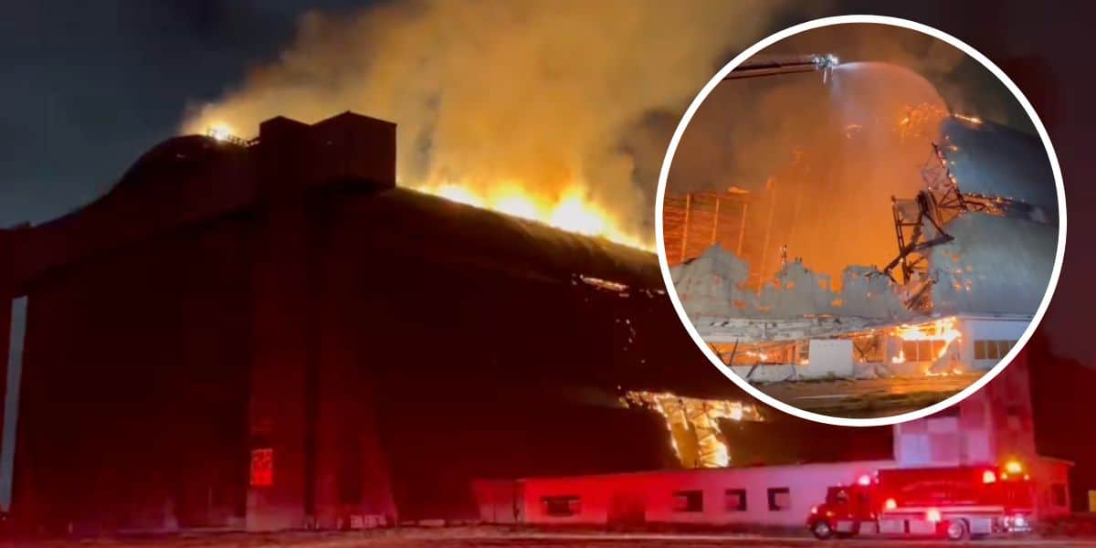 Flames engulf a historic building at night at the former Disney filming location, with firefighters battling to save the beloved site as water streams across an inset image. The intense blaze puts the legacy of this famed Disney destination at risk.