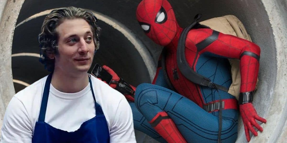Jeremy Allen White’s Carmy from FX’s The Bear relaxes beside Marvel’s Spider-Man, who is crouched dramatically in a concrete tunnel, capturing an epic crossover moment perfect for fans of both series.