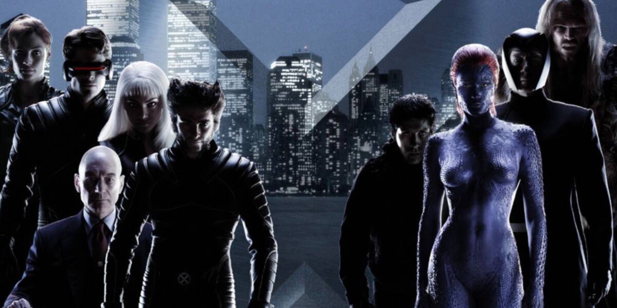 The X-Men and Brotherhood of Mutants in front of the X-Men logo from 2000