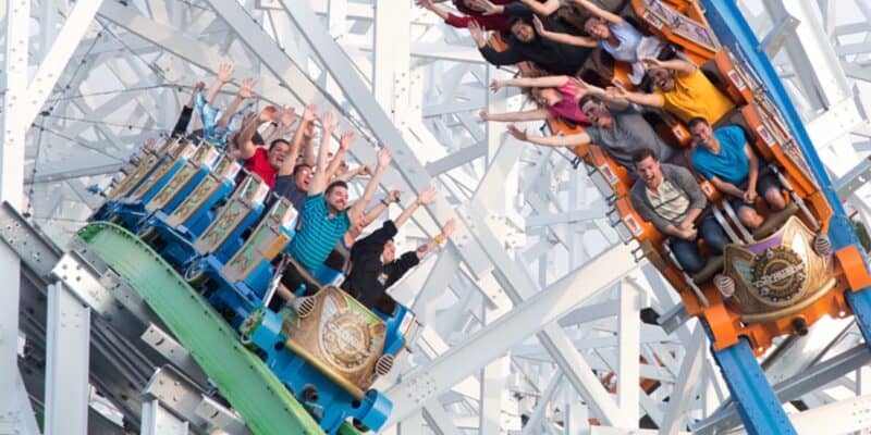 Guests riding Twisted Colossus at Six Flags Magic Mountain