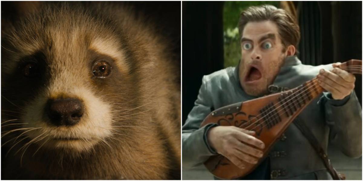 Young Rocket Raccoon looking terrified, Chris Pine melting, playing the lute
