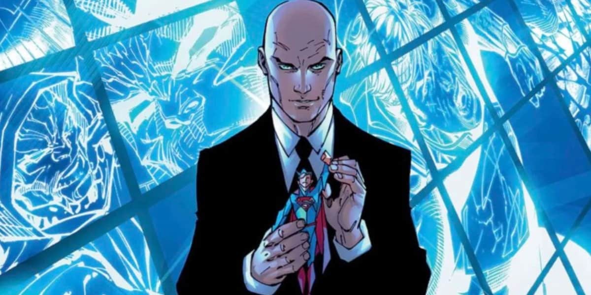 Lex Luthor playing with a Superman action figure in front of television screens