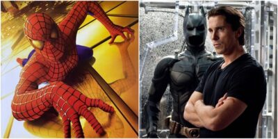 Sam Raimi's Spider-Man climbing a building, Christian Bale as Bruce Wayne in front of the Batman suit