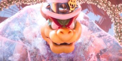 Bowser angry and encased in ice wearing a top hat