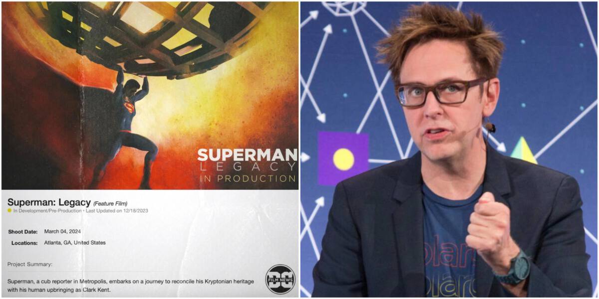 A fake logline for 'Superman: Legacy,' James Gunn giving a lecture