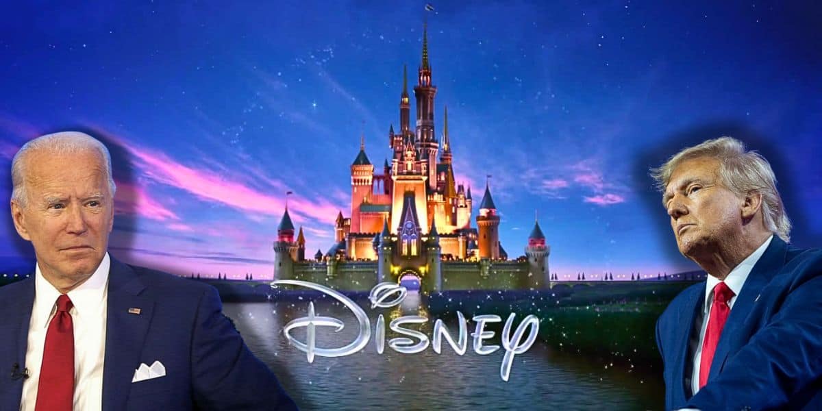 President Joe Biden and former President Donald Trump looking angrily at each other with the Disney Studios logo in the background.