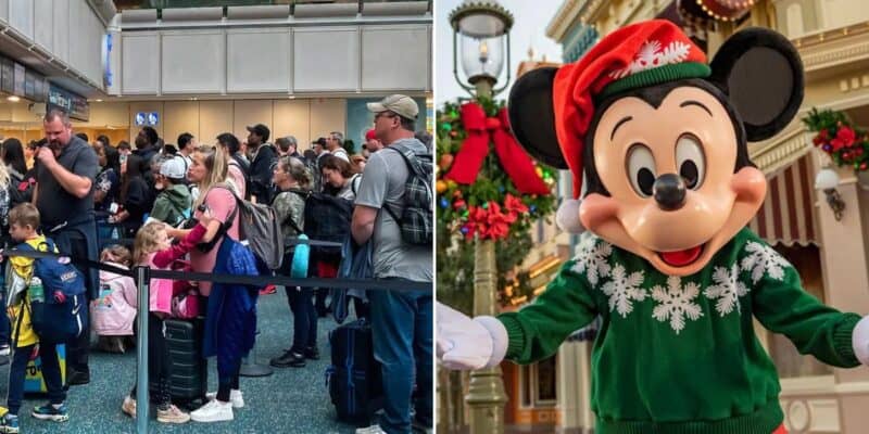 A crowded Orlando International Airport with Mickey Mouse with his hands open wearing a Christmas outfit.