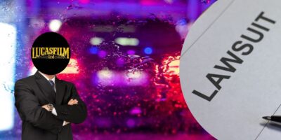 Lucasfilm person with a lawsuit image and a carwash behind.