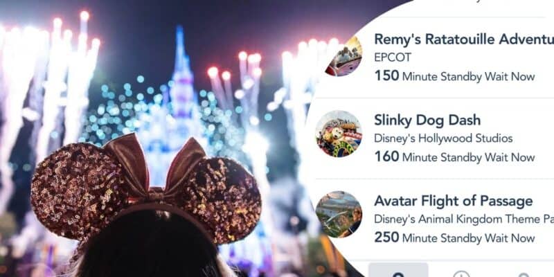 Disney World attractions wait times with a little girl looking at fireworks inside Magic Kingdom.