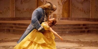 The Beast (Dan Stevens) and Belle (Emma Watson) dancing
