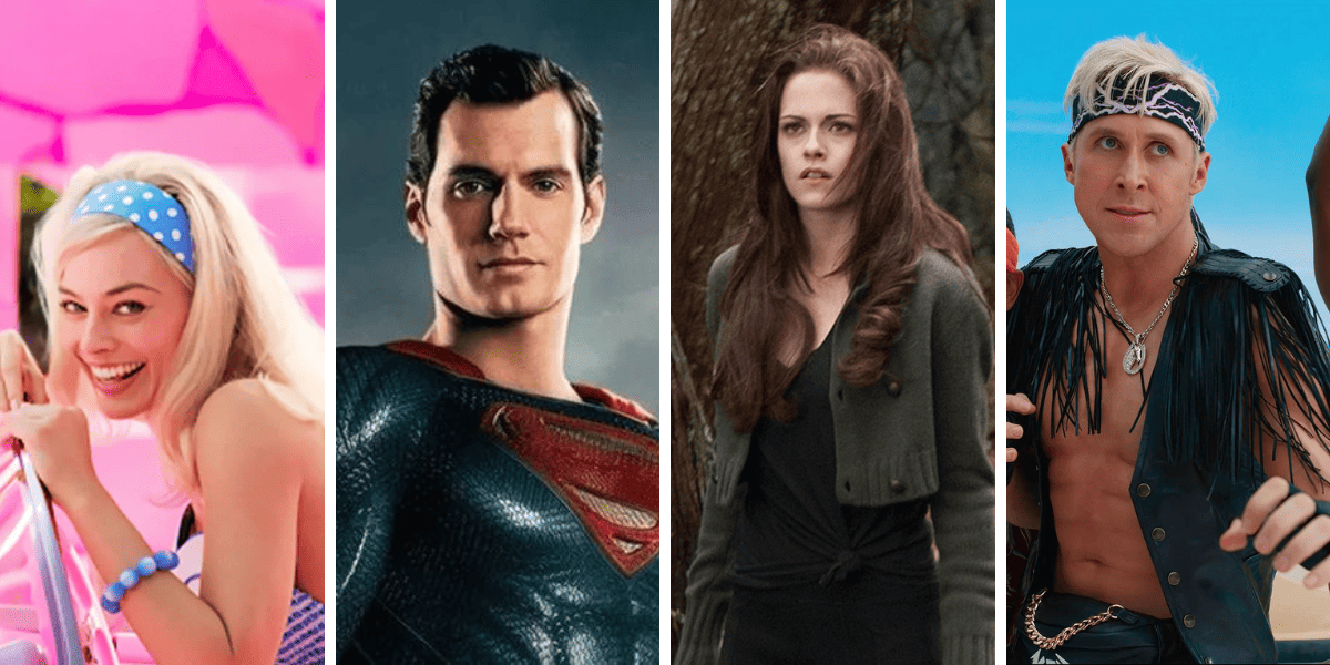 Margot Robbie in 'Barbie,' Henry Cavill as Superman, Kristen Stewart in 'Twilight,' and Ryan Gosling in 'Barbie.' All four celebrities were "investigated" as being transgender by online transvestigating groups.