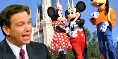 Ron DeSantis at Disney World with Minnie, Mickey, and Goofy