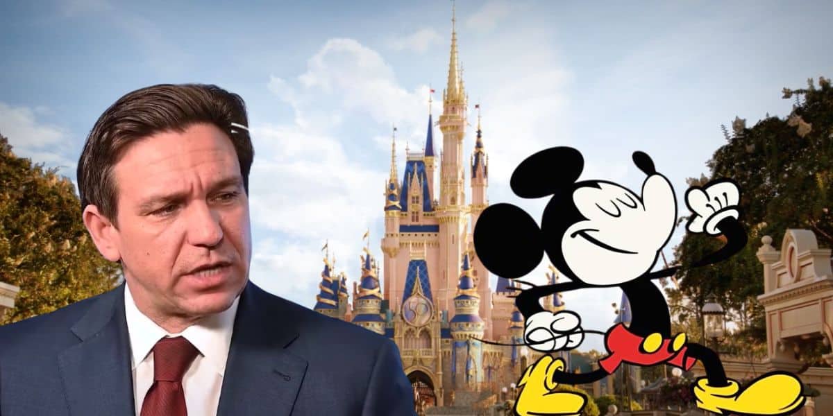 Disney World with Mickey Mouse walking away from Ron DeSantis