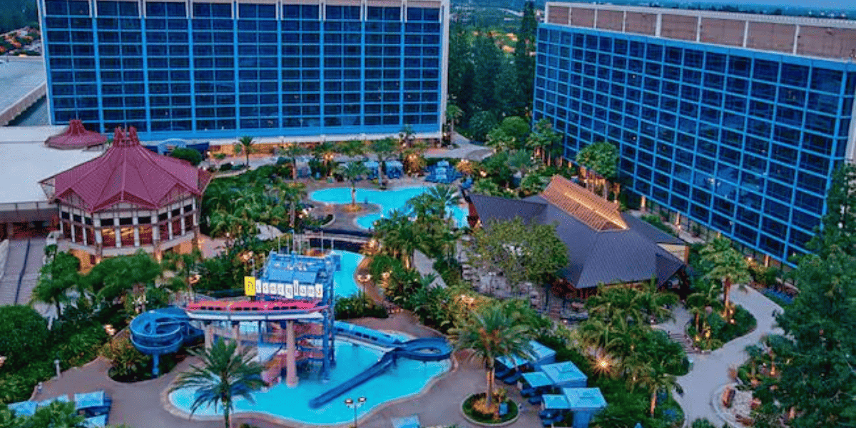 Aerial view of the Disneyland Hotel at Disneyland Resort, which recently became the stage of an active shooter hoax triggering the response of Anaheim Police forces