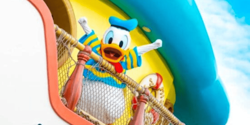 Donald Duck on a boat-shaped float at Tokyo Disney Resort.