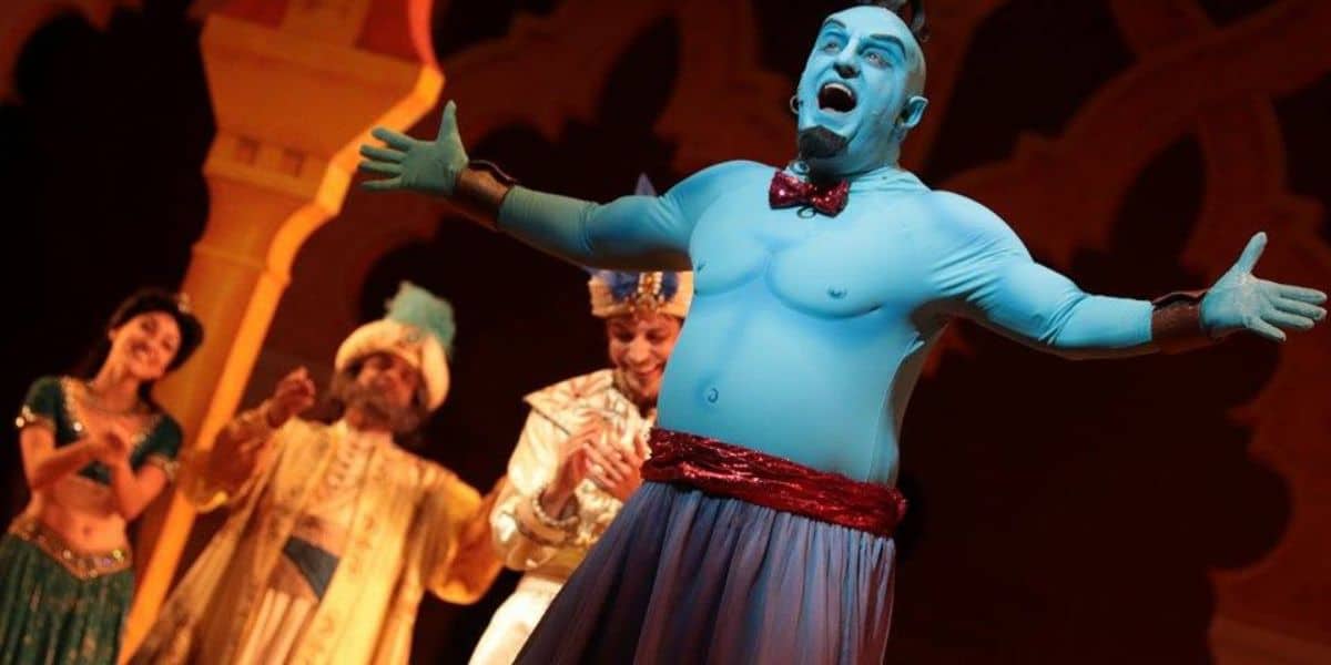 The genie singing in Aladdin Musical Spectacular