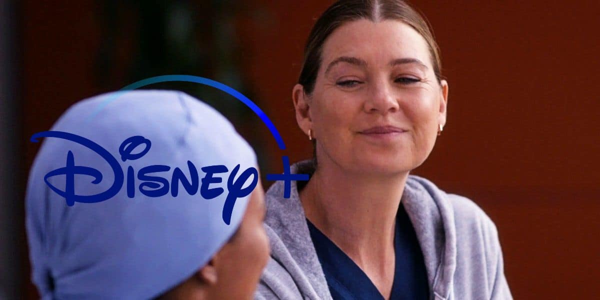 Ellen Pompeo in Grey's Anatomy smiling at the Disney+ logo