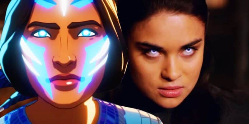 (left) Kahhori from MCU's What If...? with glowing blue eyes, (right) actress Devery Jacobs as Lilith Bathory in The Order with glowing blue eyes