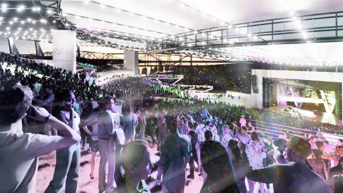 Digital rendering of an upcoming music venue set to replace the Coney Island amusement park in Cincinnati following its permanent closure