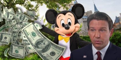 Mickey Mouse and DeSantis with cascading dollar bills