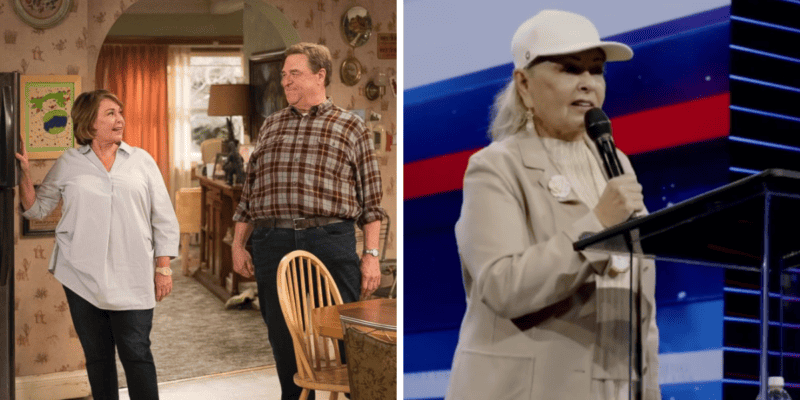 Roseanne Barr next to John Goodman, Roseanne on a stage.