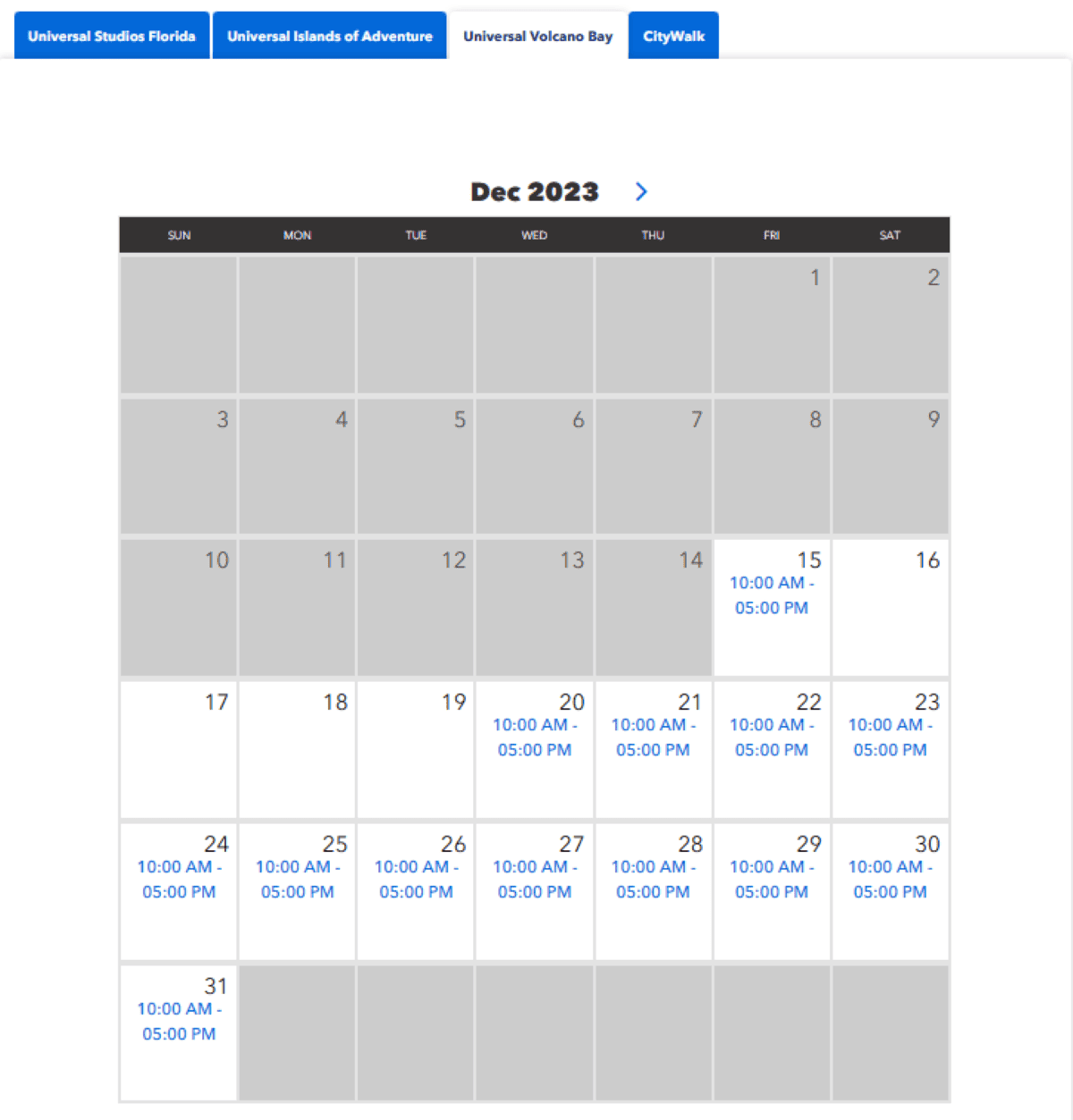 Screenshot from the theme park hours calendar of Universal Orlando Resort, showing the temporary closure of Universal's Volcano Bay