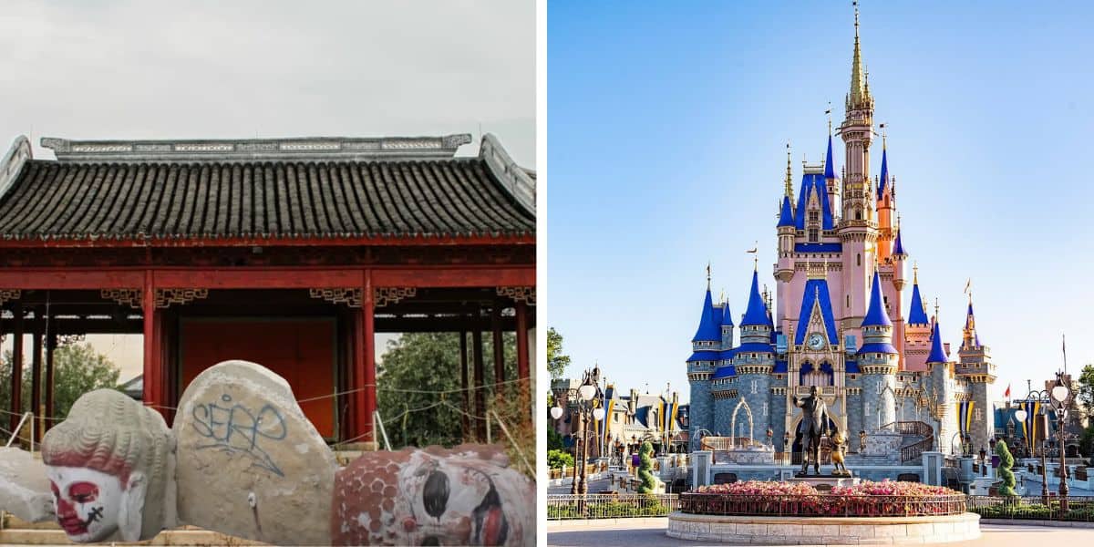 Left: Weathered statues and a striking red building set the scene in one of America’s most unusual attractions—a Propaganda Theme Park. Right: The iconic Disney castle stands tall under a clear blue sky, surrounded by a vibrant flowerbed, perfectly capturing the magic of Disney World.