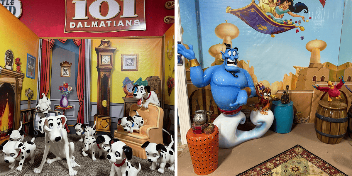 Disney Store displays of the 101 dalmation puppies and Genie from 'Aladdin' at the Volo Museum.