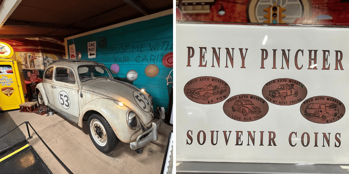 Herby the car on display next to a set of pressed pennies available for purchase inspired by different cars at the Volo Museum.