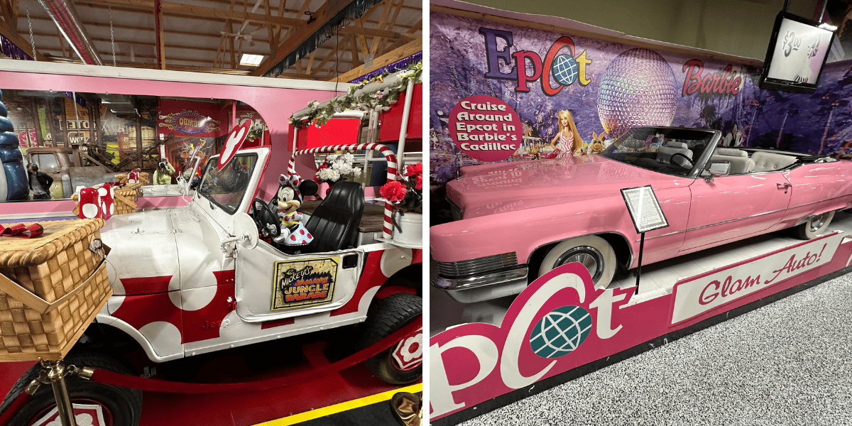 A polka-dot red vehicle from minnie's jammin jungle parade and a pink cadillac used by Barbie at EPCOT.