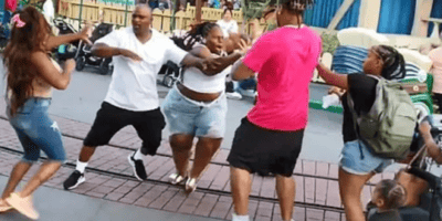 A screenshot of a video of a 2019 fight in Mickey's Toontown at Disneyland Park.