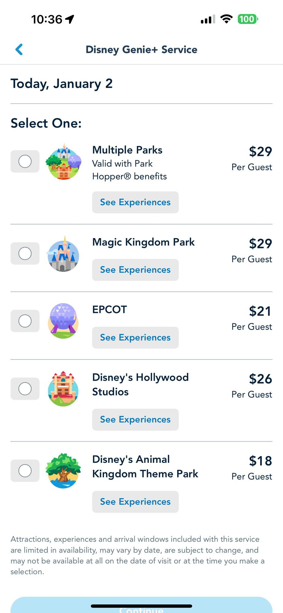 A screenshot from the My Disney Experience mobile application showing the current Genie+ prices for Disney World.