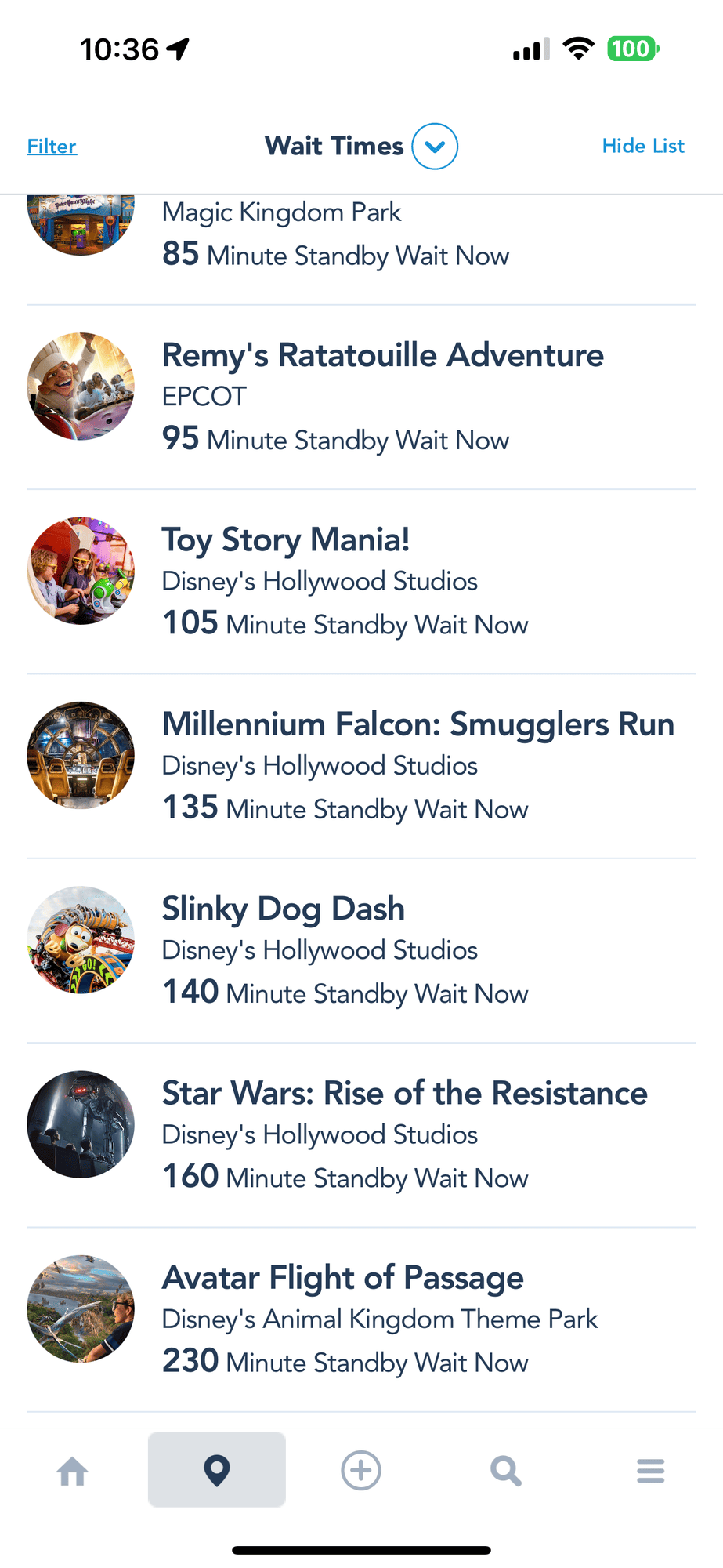 A screenshot of the wait times this morning at Walt Disney World Resort for guests at the parks.