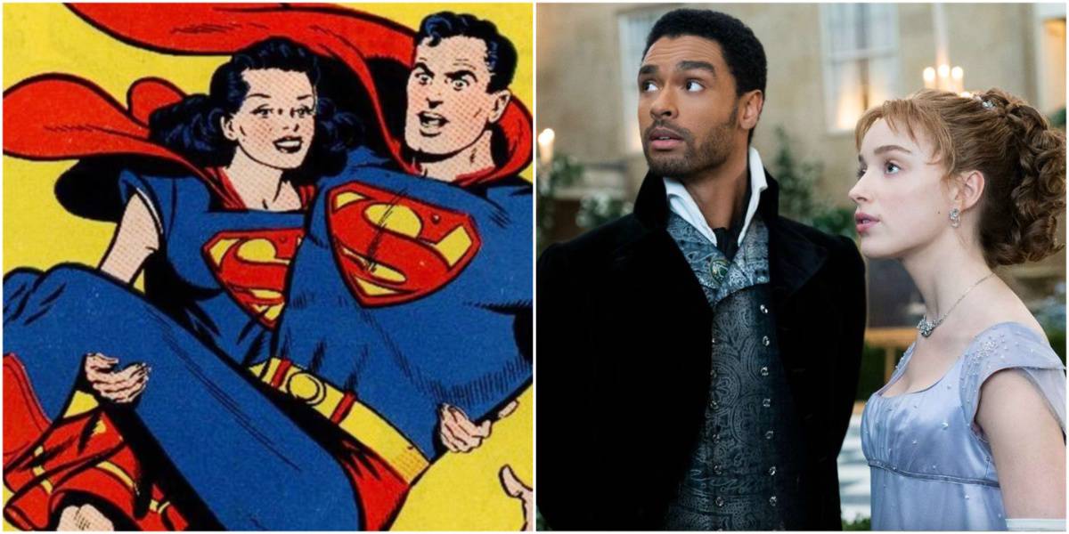 Lois Lane flying while carrying Superman, Rege-Jean Page and Phoebe Dynevor looking into the distance in Bridgerton