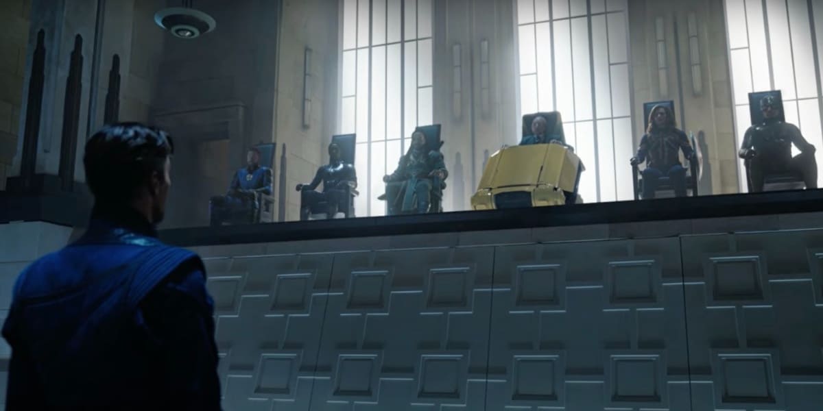A council of heroes in an alternate universe sitting in front of Doctor Strange, passing judgement