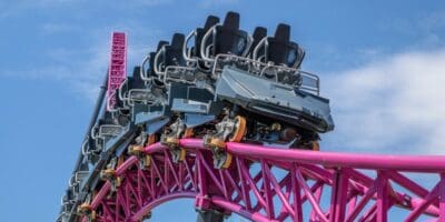 An empty car on the DC Rivals HyperCoaster roller coaster