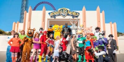 The gate for Warner Bros. Movie World blocked off by dozens of iconic WC characters. Theme Park incident.