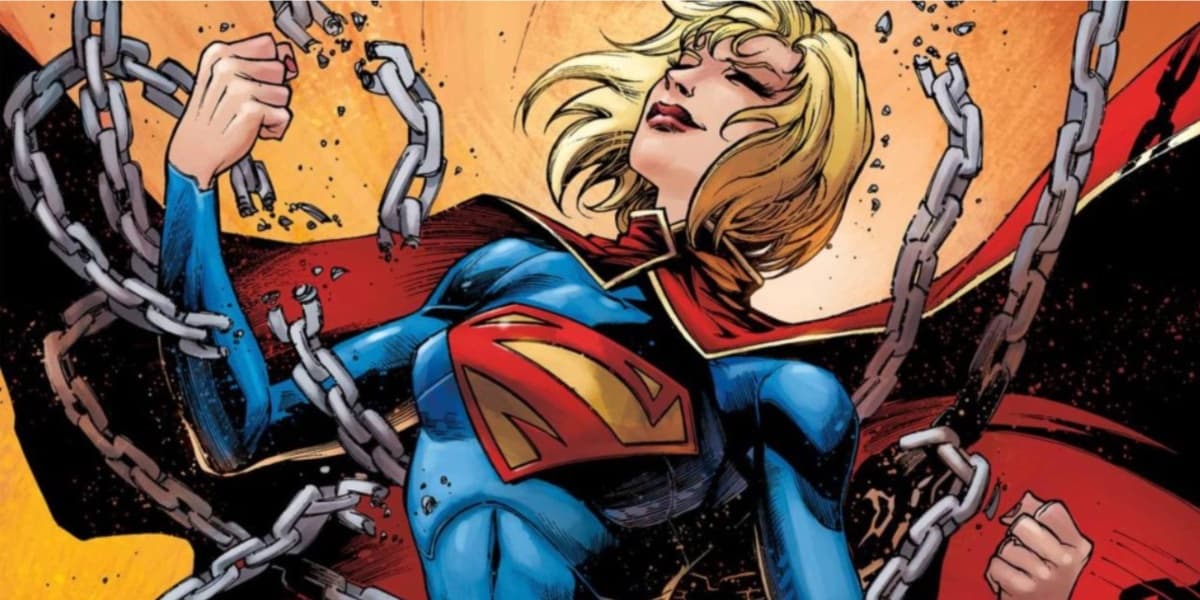 Supergirl breaking chains off of her with a smile on her face