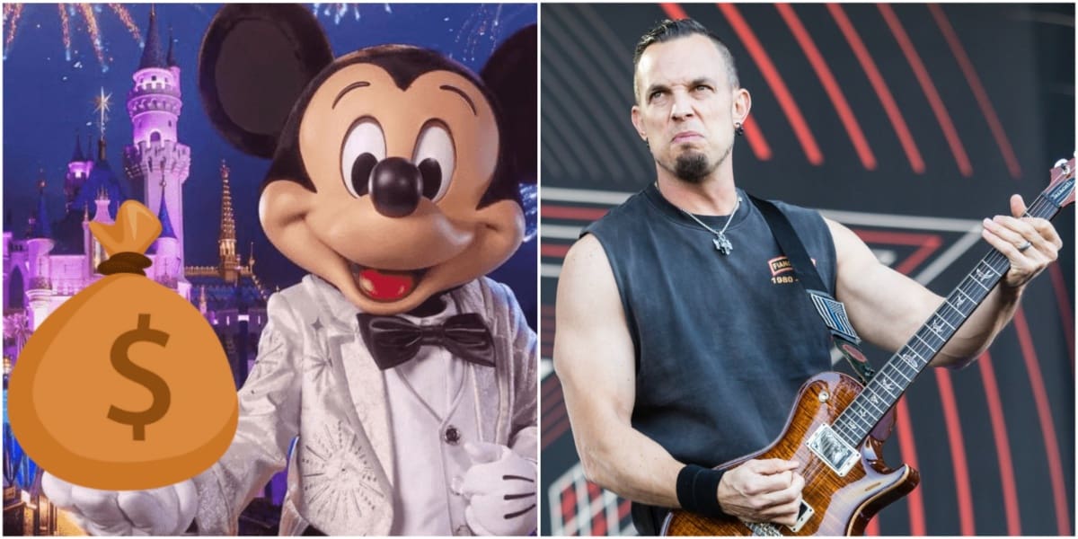 Mickey Mouse holding a bag of money in front of Disney World castle, Mark Tremonti grimacing and shredding on the guitar